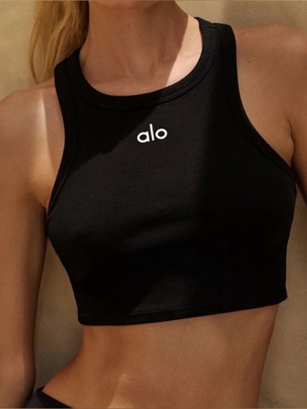 ALO Yoga Black Ribbed High-Neck Crop Tank